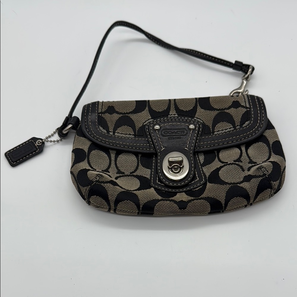 Coach Black and Tan Signature Wristlet Clutch